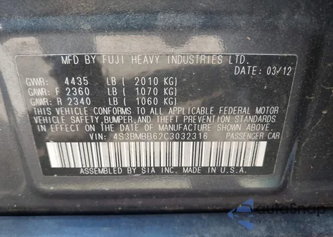 2012 Subaru Legacy 2.5I Premium from USA, damaged, VIN 4S3BMBB62C3032316